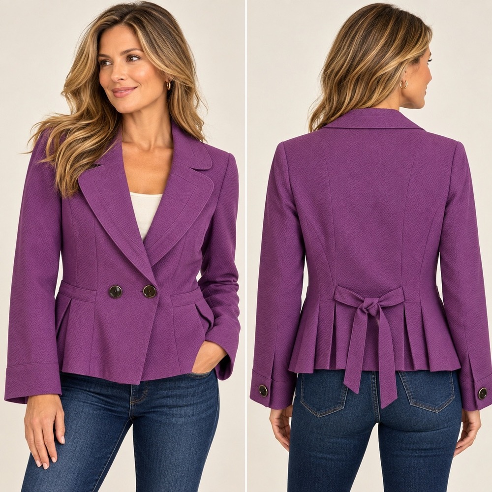 Nanette Lepore Blazer Womens 2 Purple Peplum Textured Pique Back Tie Polka Dot